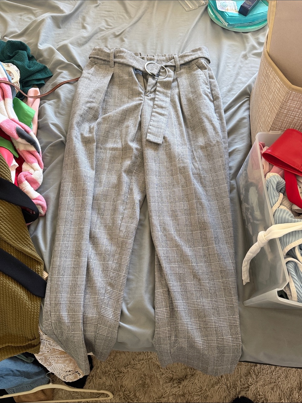 a new day Gray Plaid High-Waist Wide-Leg Paperbag Trousers